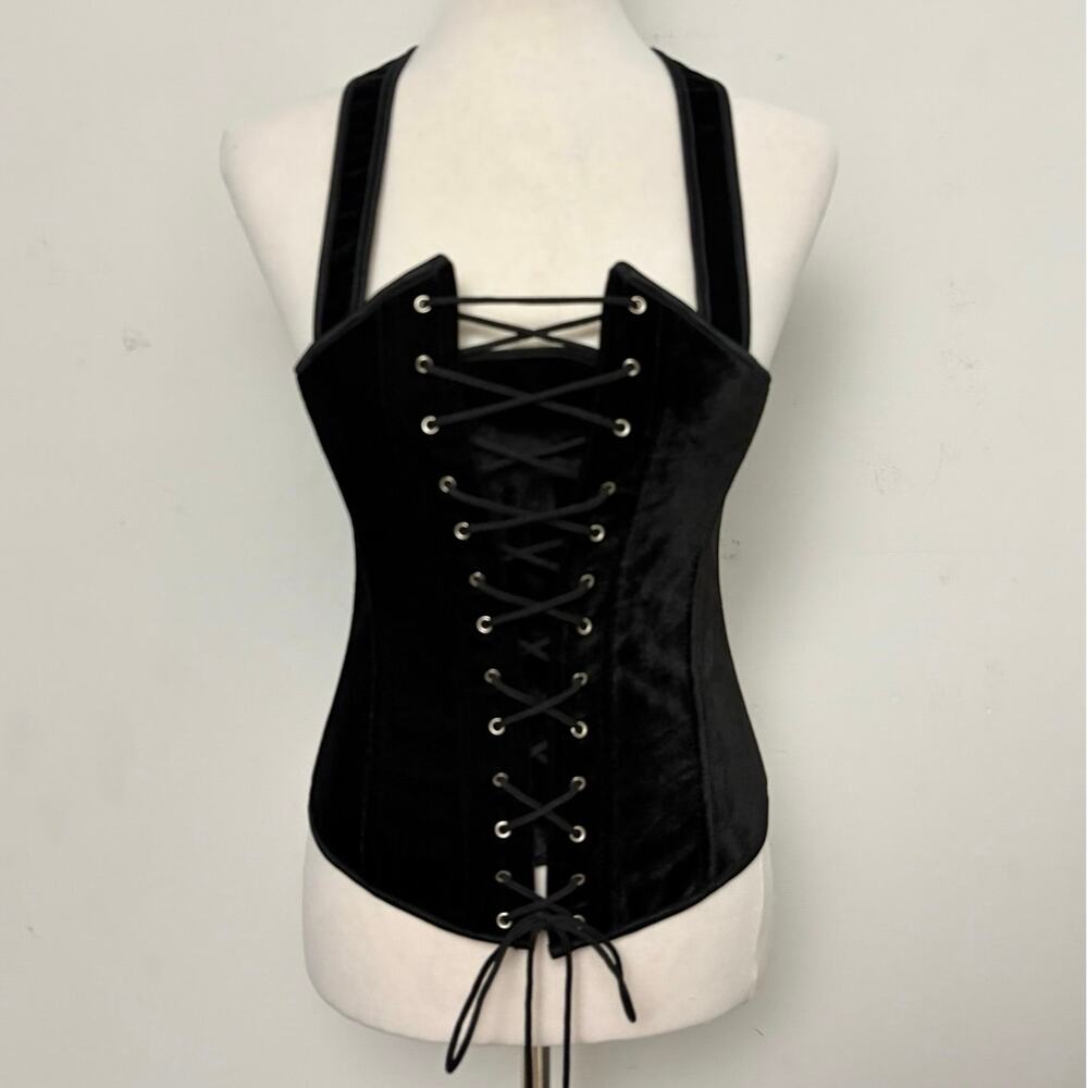 Black Velvet Lace Up Corset Top Gothic Bustier Halter Renaissance Sz L Cos Play